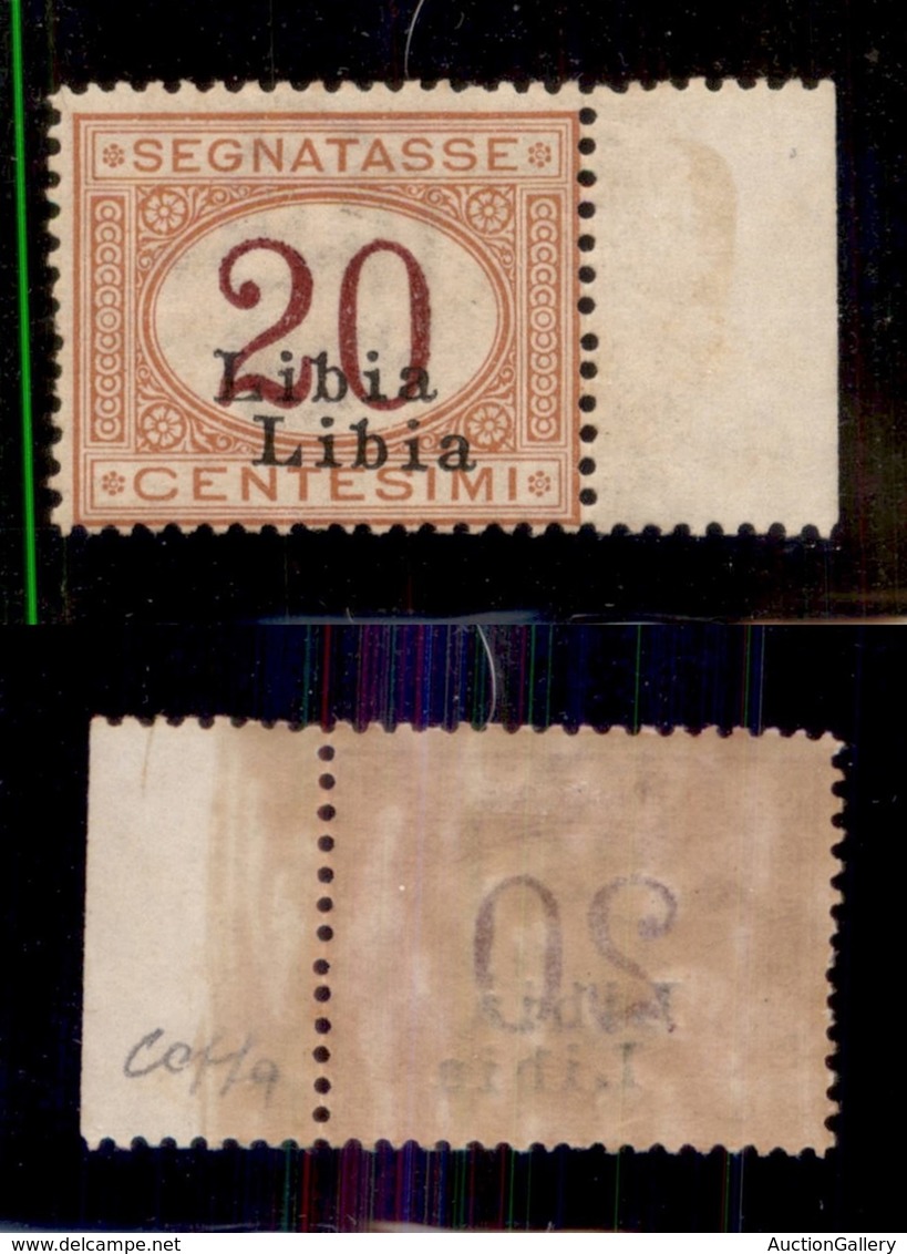 COLONIE - LIBIA - 1915 - Segnatasse - 20 Cent (3b) Con Doppia Soprastampa - Gomma Integra - Colla + Cert. AG (1.125+) - Other & Unclassified