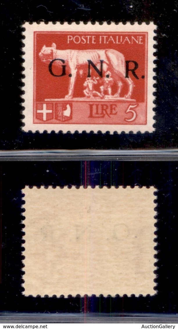 REPUBBLICA SOCIALE - GNR BRESCIA - 1943 - Spaziati - 5 Lire (485/A) - Gomma Integra - Cert. AG (3.600) - Autres & Non Classés