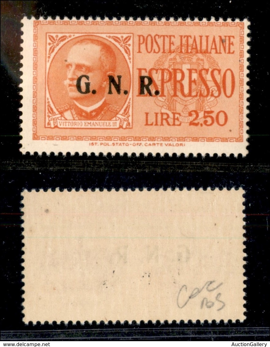 REPUBBLICA SOCIALE - GNR BRESCIA - 1943 - Espressi - 2,50 Lire (20/IIIb+f) Soprastampa A Sinistra + Punto Grosso Dopo R  - Autres & Non Classés