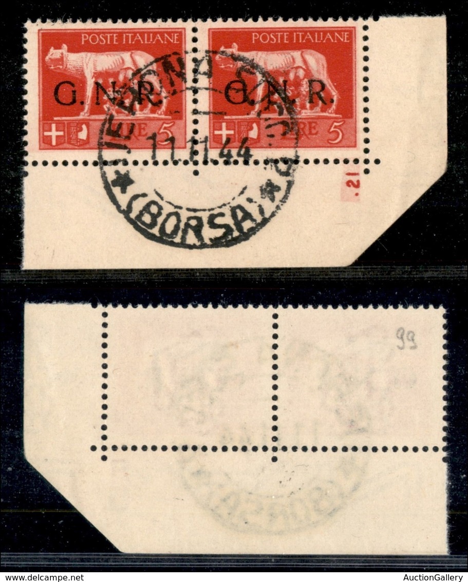 REPUBBLICA SOCIALE - GNR VERONA - 1944 - 5 Lire (485) - Coppia Angolare Con Numero Di Tavola (21) - Verona (Borsa) 11.11 - Other & Unclassified