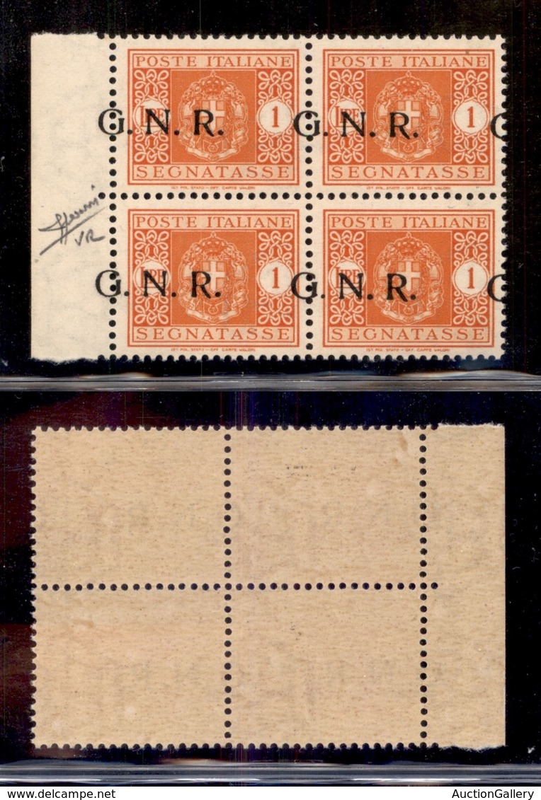 REPUBBLICA SOCIALE - GNR VERONA - 1944 - Segnatasse - 1 Lira (55d) - Quartina Bordo Foglio Con Soprastampe A Cavallo (e  - Autres & Non Classés