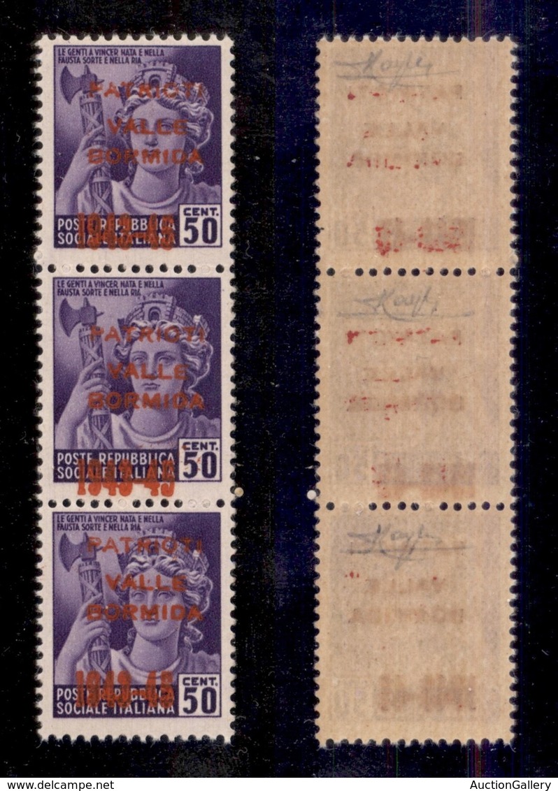 EMISSIONI LOCALI - CLN - VALLE BORMIDA - 1945 - 50 Cent (5A) - Striscia Verticale Di Tre Con Soprastampe Spaziate Irrego - Other & Unclassified