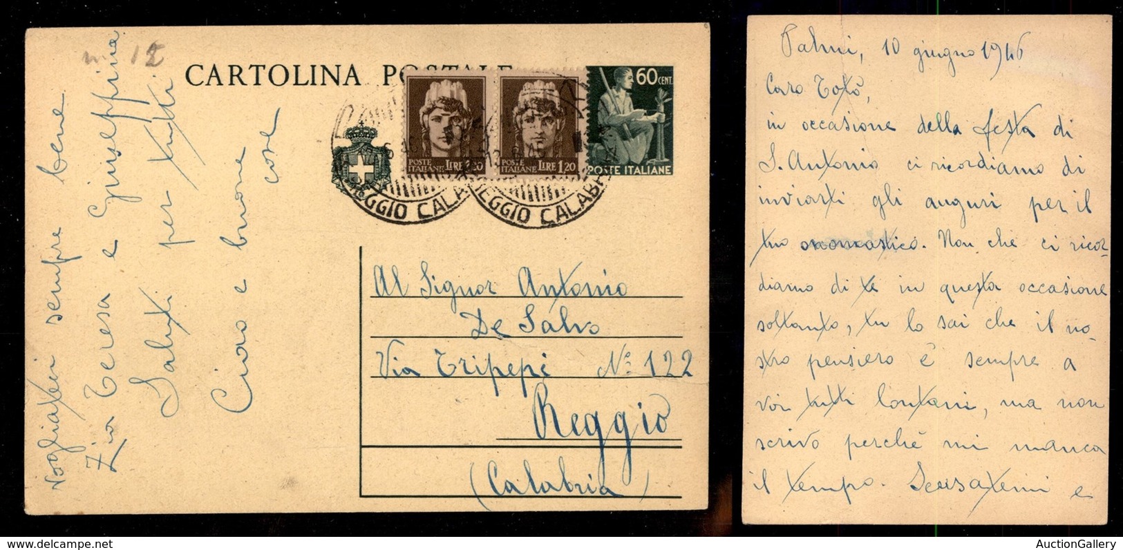 REPUBBLICA - REPUBBLICA - 12 Giugno 1946 - Cartolina Postale Da Palmi A Reggio - Strappo In Basso - Other & Unclassified