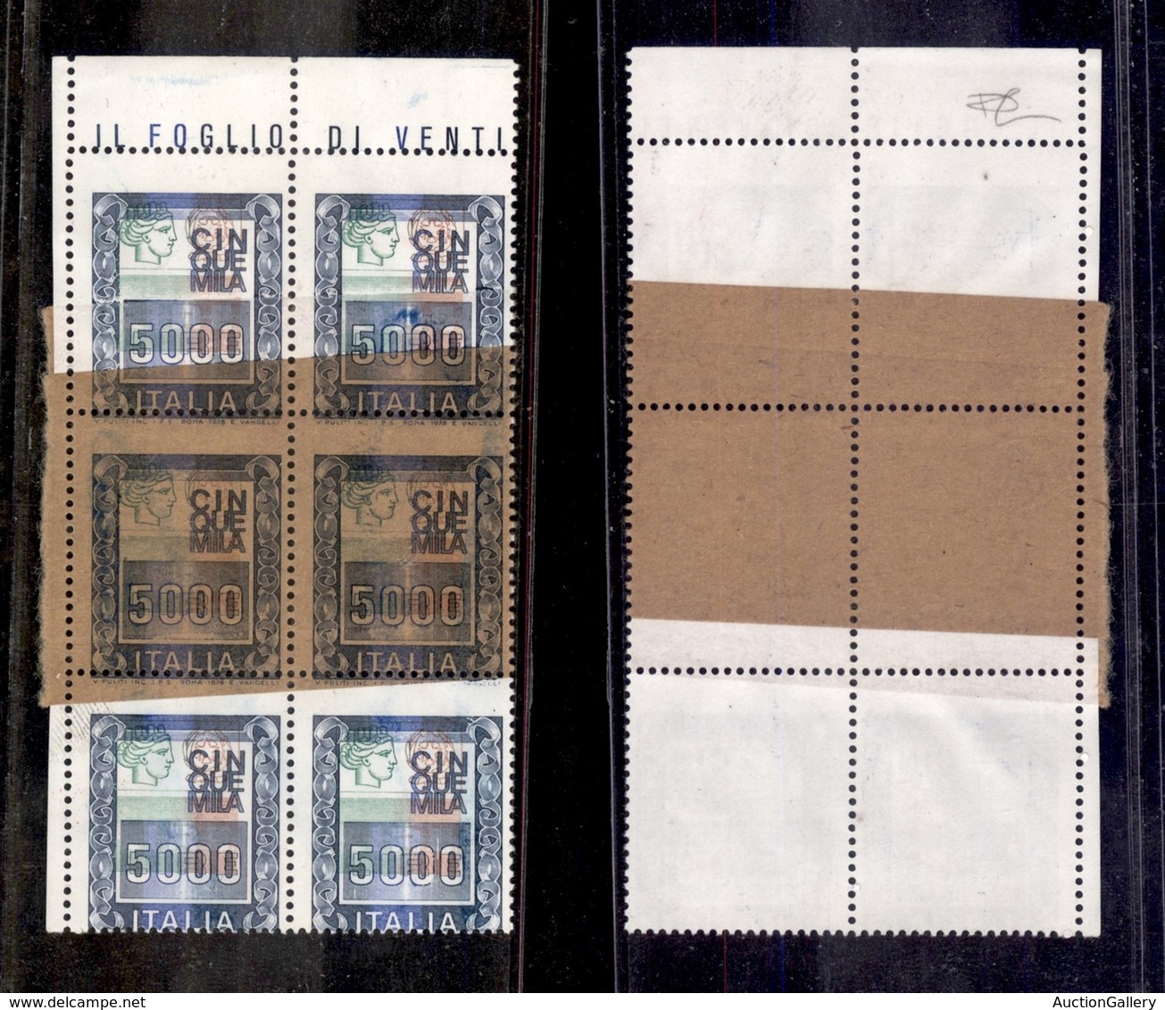 REPUBBLICA - REPUBBLICA - 1978 - 5.000 Lire (1442bc) - Blocco  Angolare Di Sei Con Testina In Alto Su Carta Ricongiunta  - Other & Unclassified