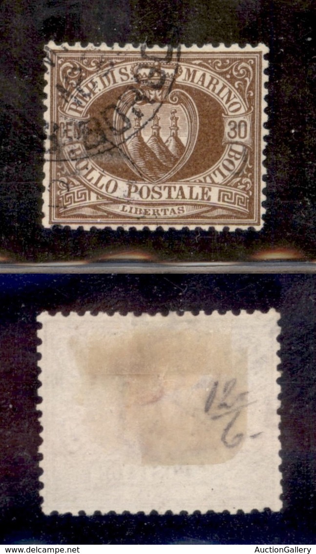 SAN MARINO - SAN MARINO - 1877 - 30 Cent Stemma (6) Usato - Ottimamente Centrato - Molto Bello - Sonstige & Ohne Zuordnung
