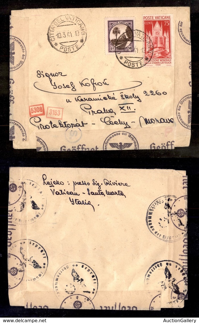 VATICANO - VATICANO - 75 Cent Stampa Cattolica (51) + Complementare (25) Su Busta Per Praga Del 10.3.41 (558) - Other & Unclassified