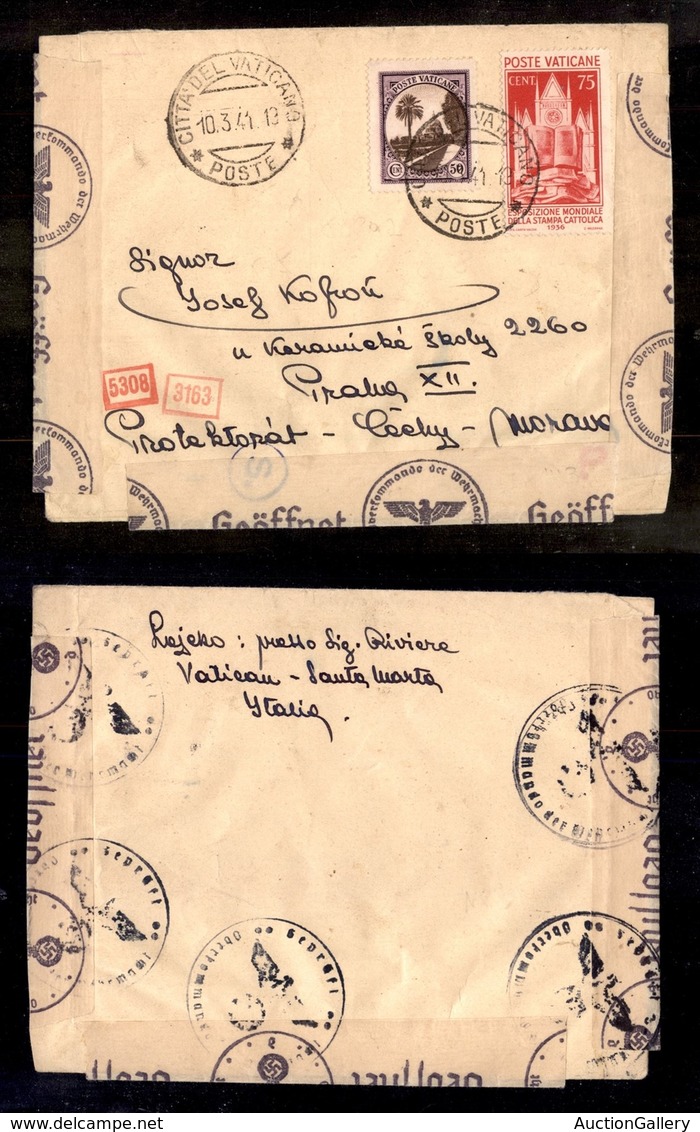 VATICANO - VATICANO - 75 Cent Stampa Cattolica (51) + Complementare (25) Su Busta Per Praga Del 10.3.41 (558) - Sonstige & Ohne Zuordnung