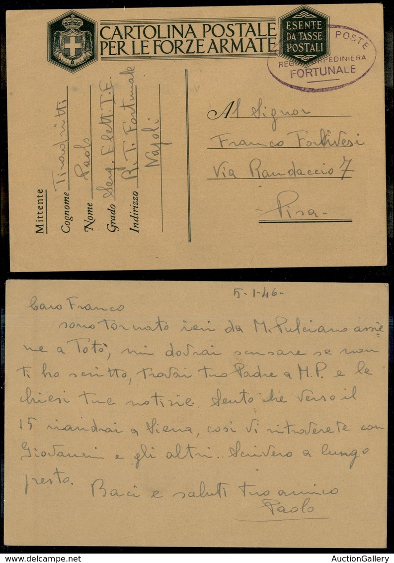 REGNO D'ITALIA - REGIE NAVI - Regia Torpediniera Fortunale - Cartolina In Franchigia Da Napoli A Pisa Del 5.1.46 - Sonstige & Ohne Zuordnung