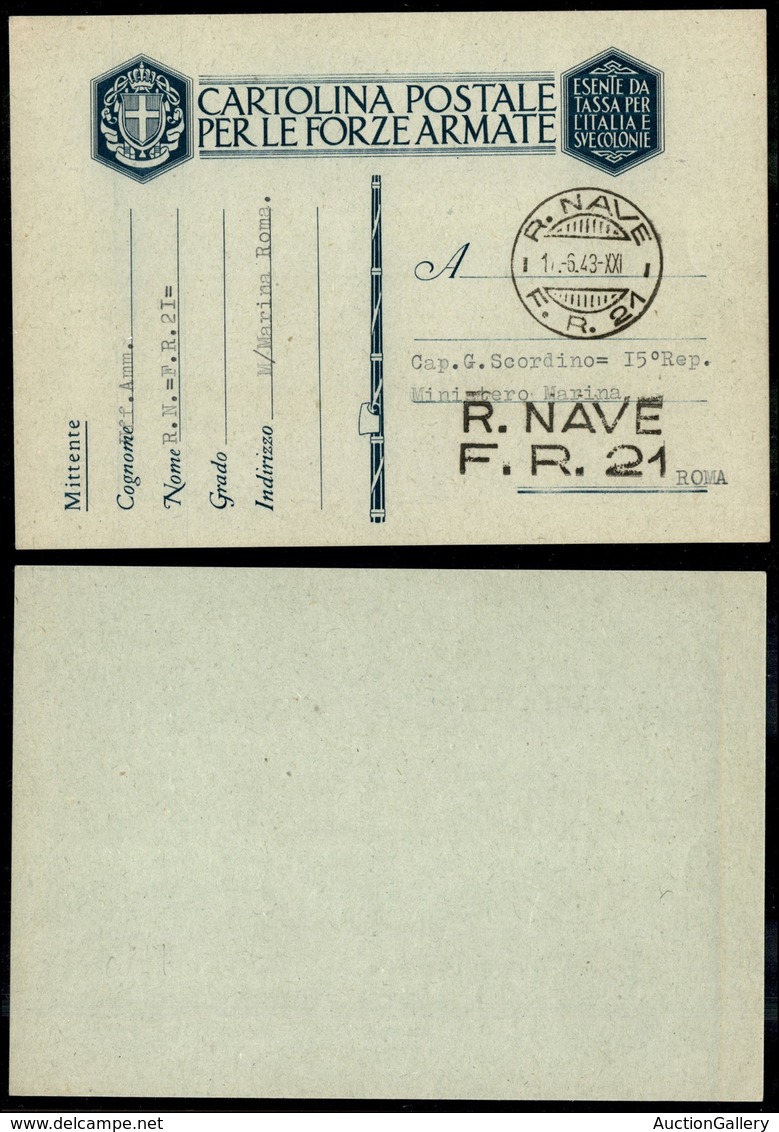 REGNO D'ITALIA - REGIE NAVI - R.Nave F.R.21 - Cartolina In Franchigia Per Roma Del 17.6.43 - Sonstige & Ohne Zuordnung