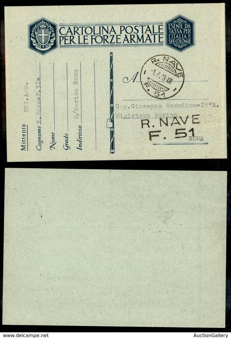 REGNO D'ITALIA - REGIE NAVI - R.Nave F.51 - Cartolina In Franchigia Per Roma Del 1.6.43 - Other & Unclassified