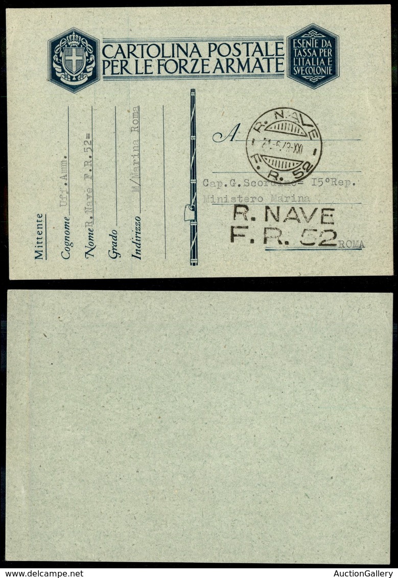 REGNO D'ITALIA - REGIE NAVI - R.Nave F.R.52 - Cartolina In Franchigia Per Roma Del 21.6.43 - Sonstige & Ohne Zuordnung