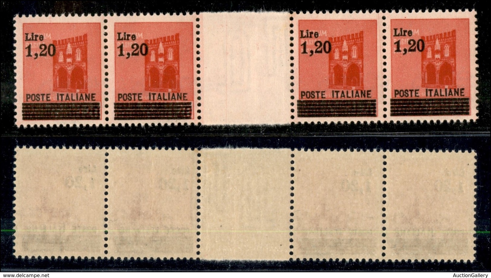 REGNO D'ITALIA - LUOGOTENENZA - 1945 - 1,20 Lire Su 20 Cent (524) - Striscia Di 4 Con Interspazio Al Centro - Gomma Inte - Other & Unclassified