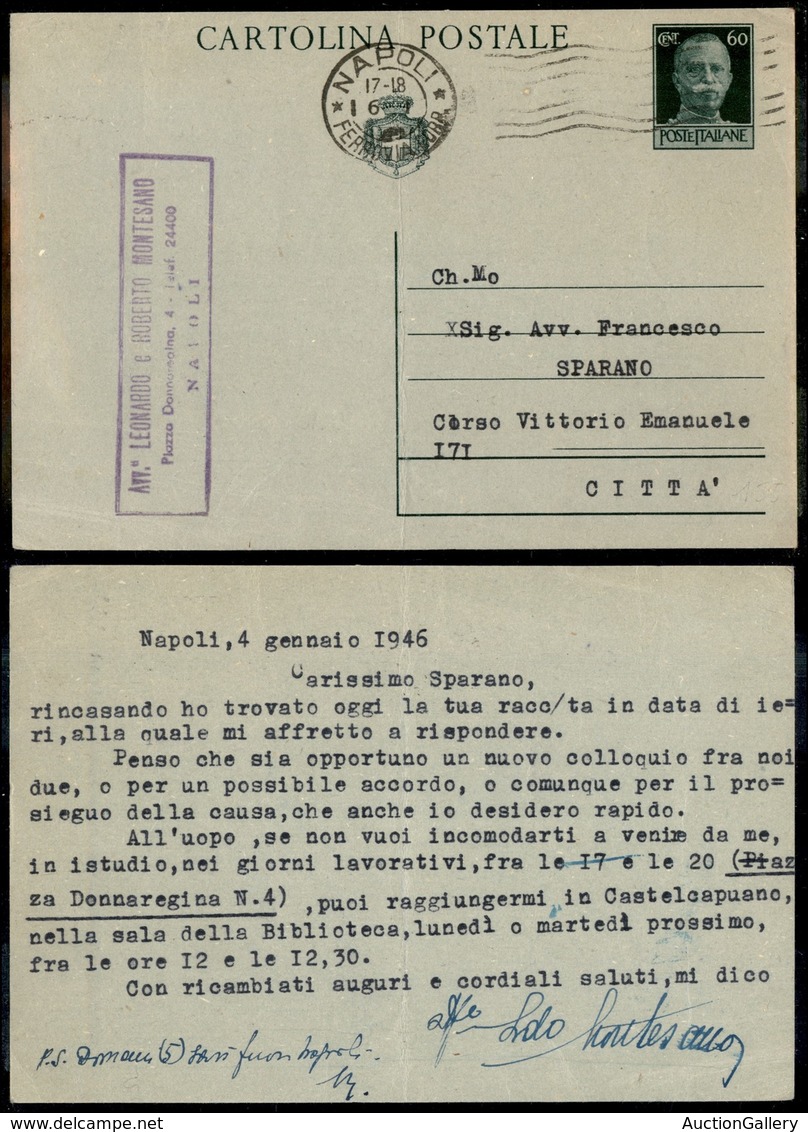 REGNO D'ITALIA - LUOGOTENENZA - Cartolina Postale Da 60 Cent (113A) - Per Città - Napoli 6.1.46 - Other & Unclassified