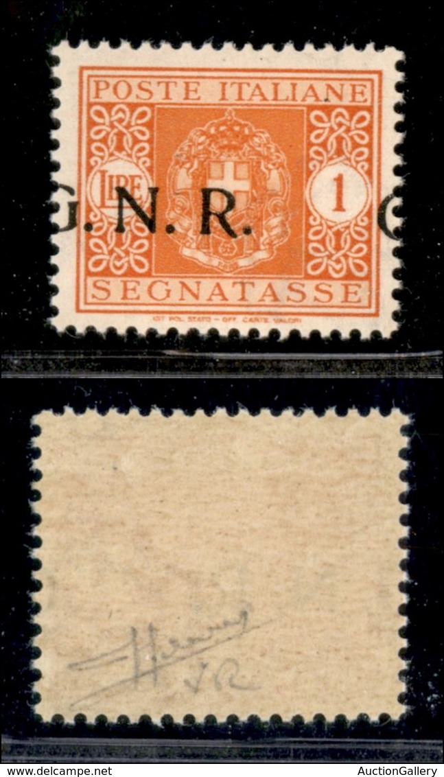 REPUBBLICA SOCIALE  - GNR VERONA - 1944 - 1 Lira Segnatasse (55 D) Con G A Cavallo - Gomma Integra - Cert. Sorani (150) - Autres & Non Classés