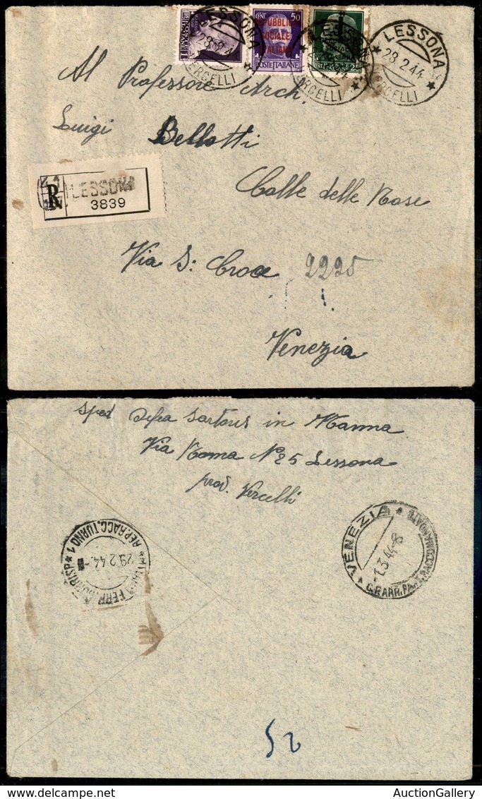 REPUBBLICA SOCIALE  - RSI - Raccomandata Da Lessona A Venezia Del 28.2.44 Con Affrancatura Mista (252A + 490 + 493) Nel  - Autres & Non Classés