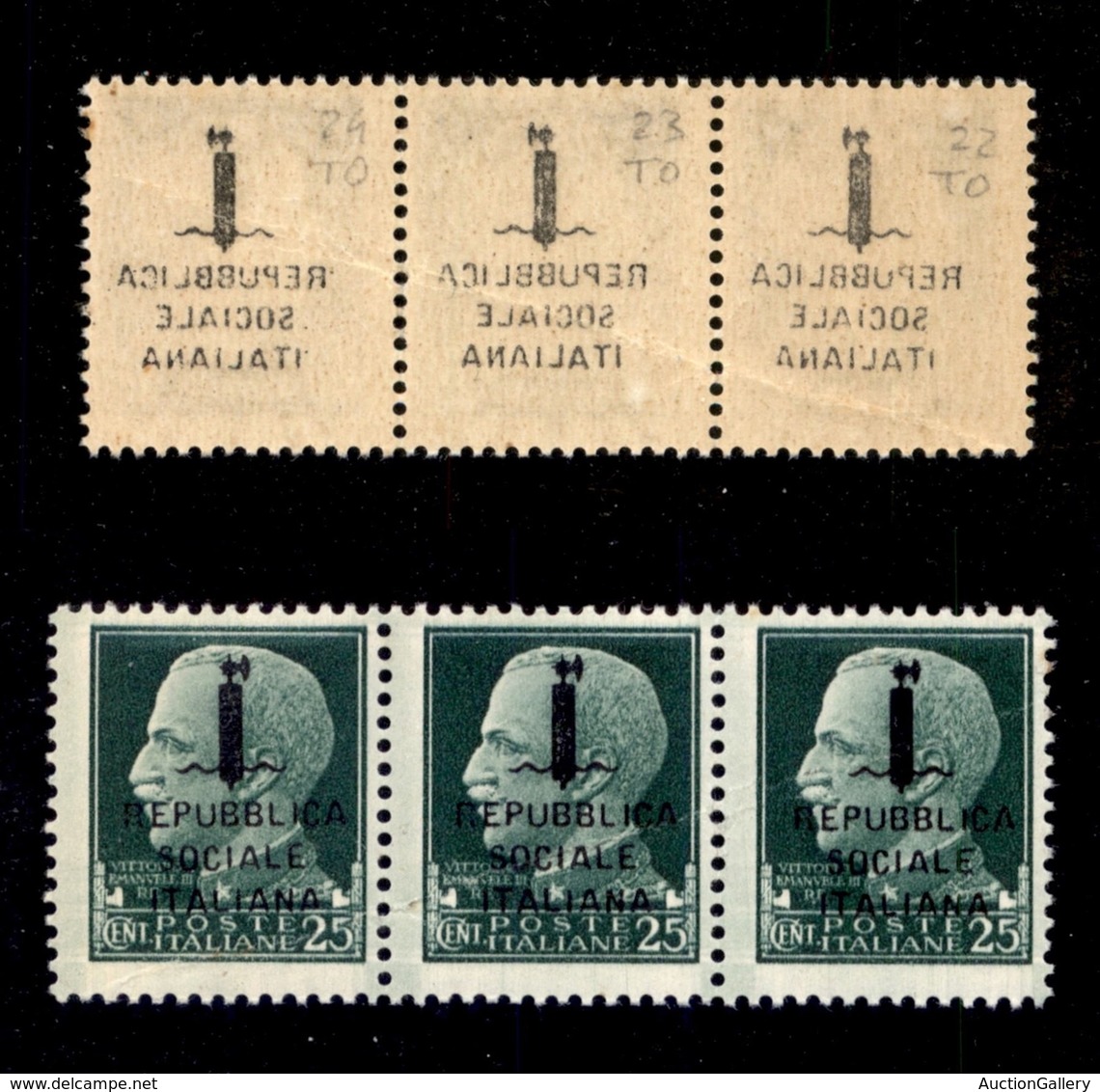 REPUBBLICA SOCIALE  - FASCETTI - 1944 - Torino - 25 Cent (491 S) Con Decalco - Striscia Orizzontale Di Tre (pos. 22/24)  - Other & Unclassified