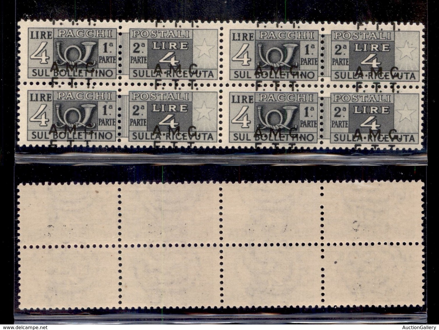 TRIESTE - AMG-FTT - 1947 - 4 Lire Pacchi Postali (4 G) - Quartina Con Soprastampa Spostata In Senso Verticale - Gomma In - Mint/hinged