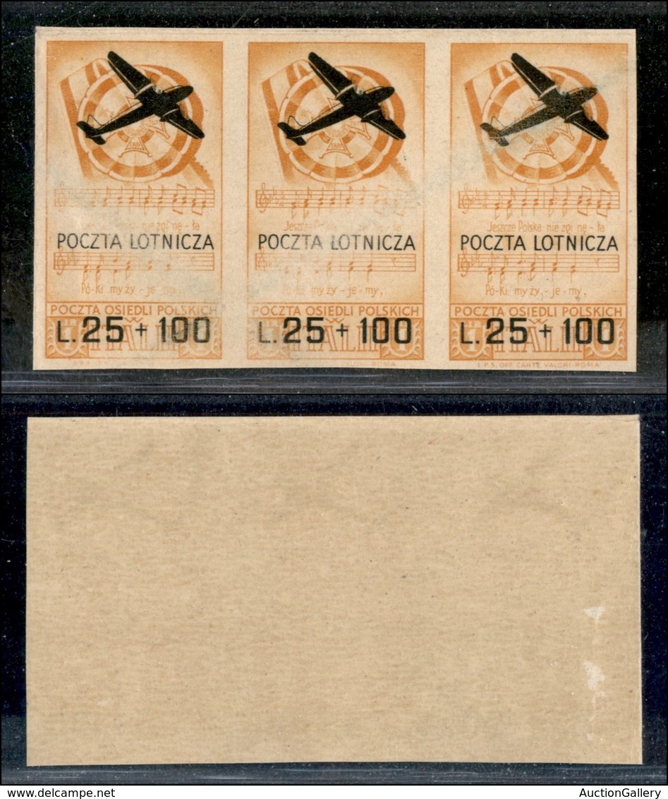 CORPO POLACCO - POSTA AEREA - 1946 - 25 Lire + 100 Aerea (3 A) - Non Dentellato - Striscia Di Tre - Gomma Integra - Pieg - Sonstige & Ohne Zuordnung