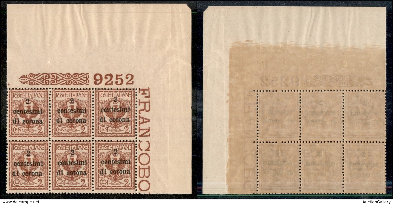 OCCUPAZIONI - TRENTO E TRIESTE - 1919 - 2 Cent Su 2 (2) - Blocco Angolare Di 6 Con Numero Di Tavola (9252) - Gomma Integ - Trento & Trieste