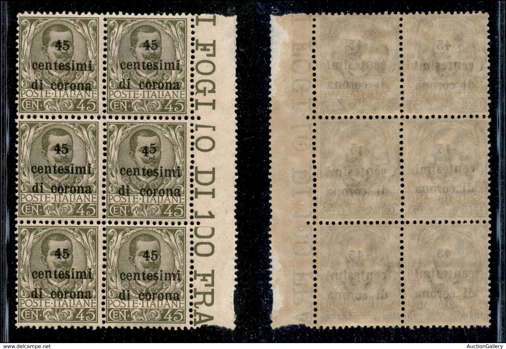 OCCUPAZIONI - TRENTO E TRIESTE - 1919 - 45 Cent Su 45 (8) - Blocco Verticale Di 6 Bordo Di Foglio - Cifra 5 Disallineata - Trentino & Triest