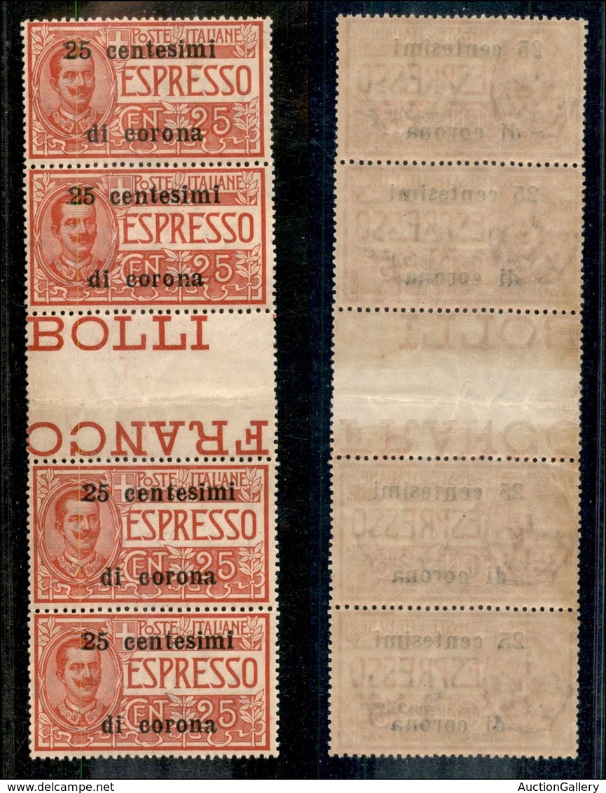 OCCUPAZIONI - TRENTO E TRIESTE - 1919 - 25 Cent Su 25 Espresso (1) - Striscia Verticale Di Quattro Con Interspazio Al Ce - Trentino & Triest