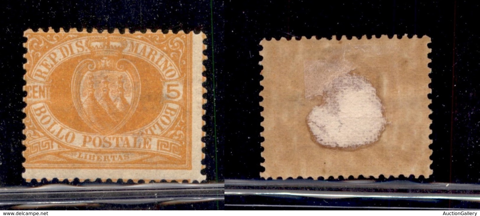 SAN MARINO - POSTA ORDINARIA - 1877 - 5 Cent Stemma (2) - Gomma Originale - Linguella Parziale (120) - Other & Unclassified