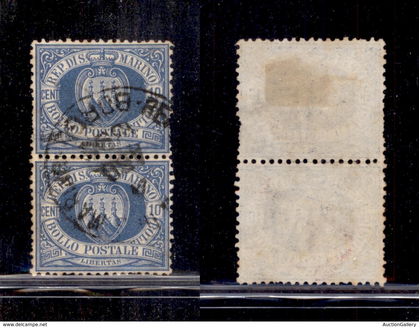 SAN MARINO - POSTA ORDINARIA - 1877 - 10 Cent Stemma (3) - Coppia Verticale Usata - Dentellatura Carente Sulla Sinistra  - Sonstige & Ohne Zuordnung