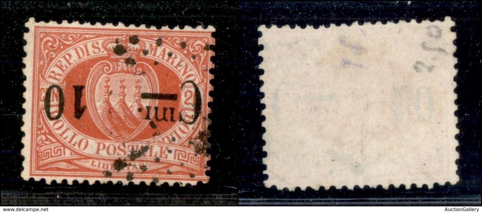 SAN MARINO - POSTA ORDINARIA - 1892 - 10 Cent Su 20 Stemma (10 A) - Soprastampa Capovolta - Usato - Other & Unclassified