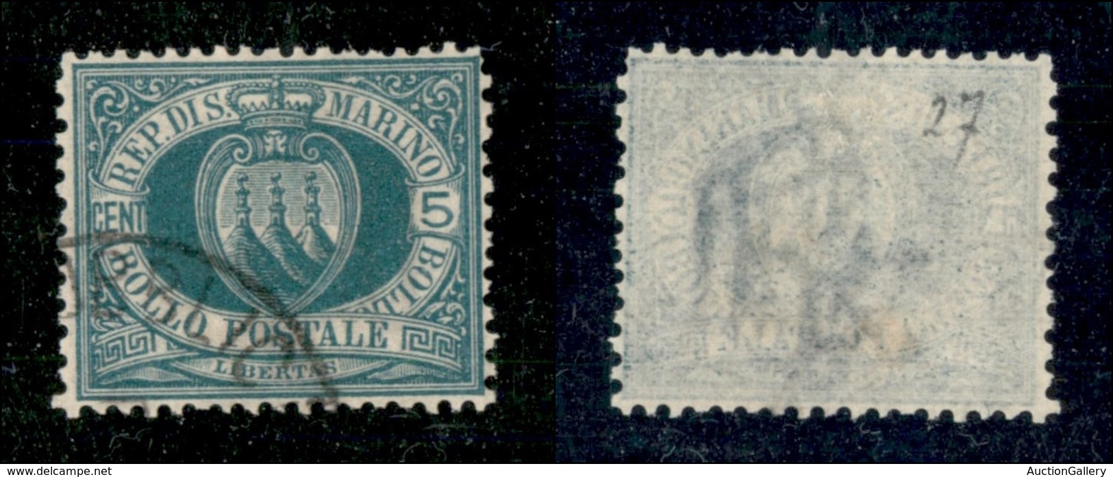 SAN MARINO - POSTA ORDINARIA - 1899 - 5 Cent Stemma (27) - Usato - Ben Centrato - Other & Unclassified