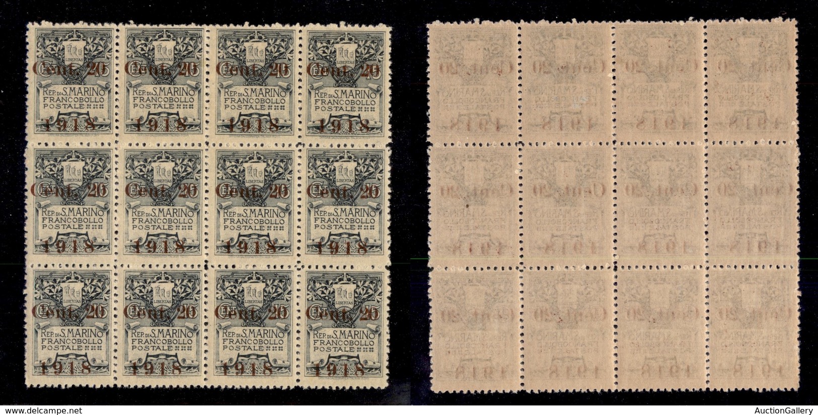 SAN MARINO - POSTA ORDINARIA - 1918 - 20 Cent Su 15 (53) - Blocco Di 12 - Gomma Integra (240) - Other & Unclassified