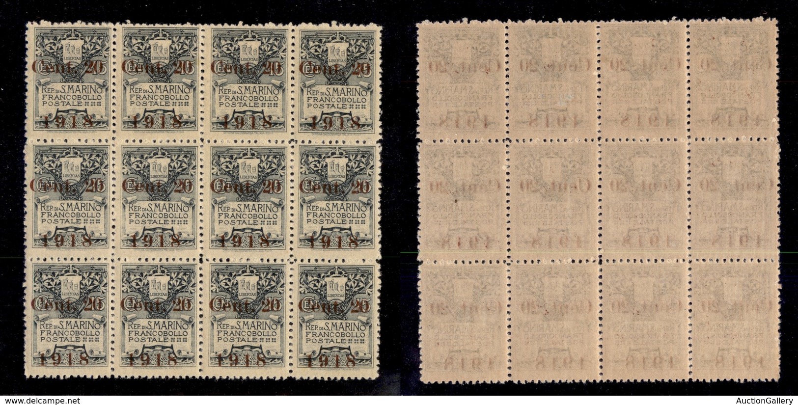 SAN MARINO - POSTA ORDINARIA - 1918 - 20 Cent Su 15 (53) - Blocco Di 12 - Gomma Integra (240) - Sonstige & Ohne Zuordnung