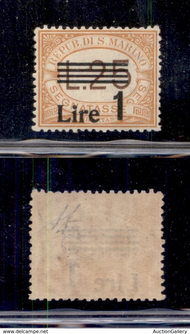 SAN MARINO - SERVIZI - 1939 - 1 Lira Su 25 Segnatasse (52) - Gomma Originale Con Invisibile Traccia Di Linguella - Diena - Other & Unclassified