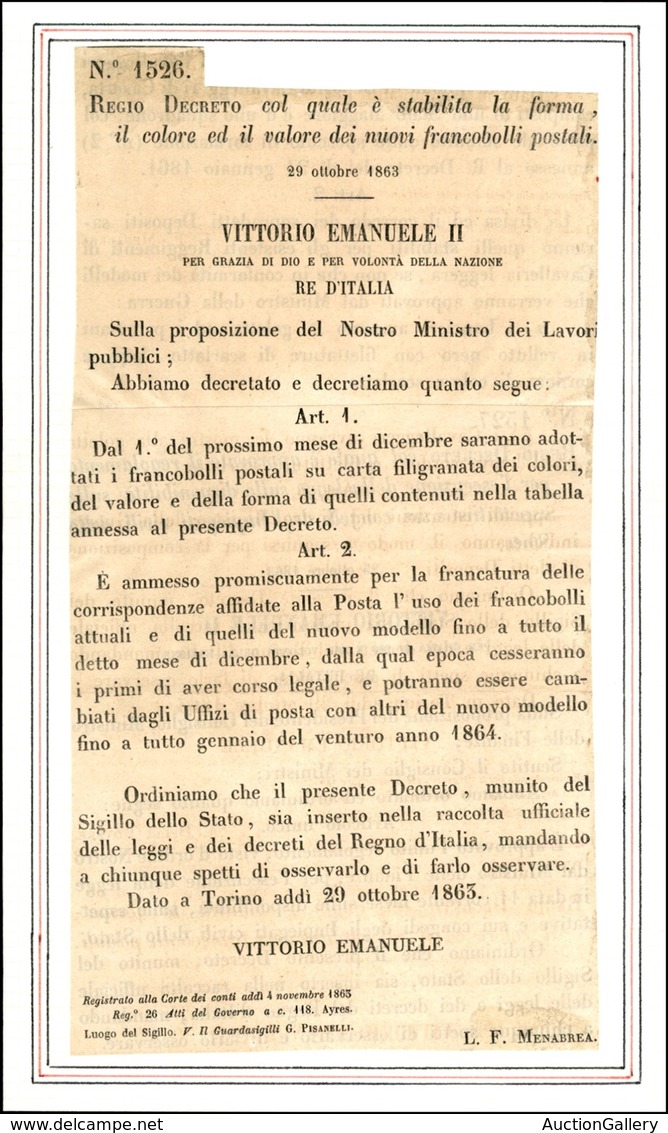 VARIE  - VARIE  - 1863 - (29 Ottobre) - Regio Decreto 1526 - Ritaglio Del Decreto Menabrea Montato Su Supporto Cartaceo - Préphilatélie