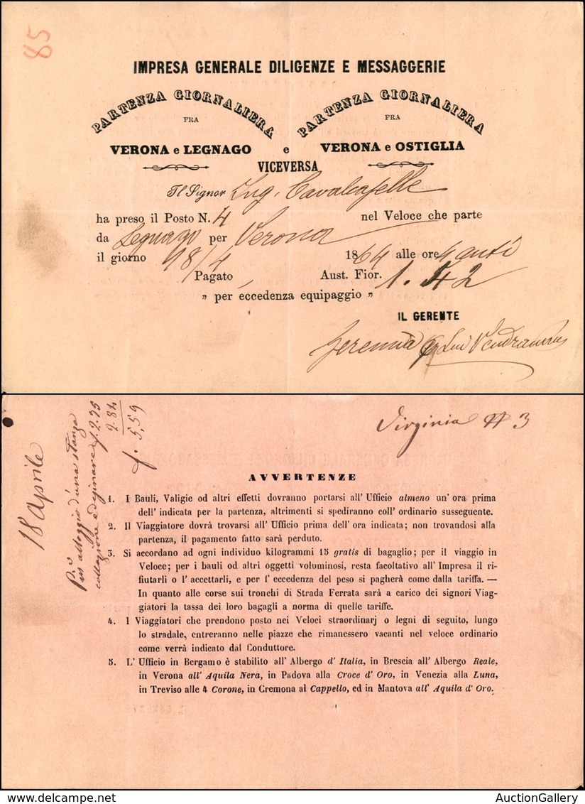 VARIE  - VARIE  - Impresa Generale Diligenze E Messaggerie - Biglietto Di Viaggio Da Legnago A Verona Del 18.4.64 - Préphilatélie