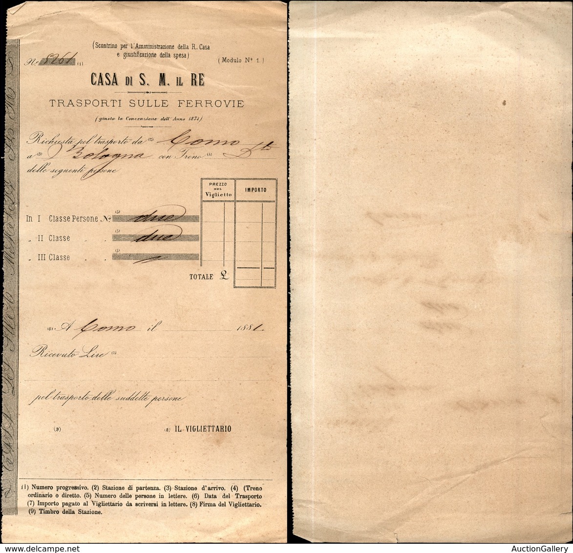 VARIE  - VARIE  - 1881 - Casa Di S.M. Il Re - Trasporti Sulle Ferrovie - Da Como A Bologna - Ricevuta Per Giustificativo - Prephilately