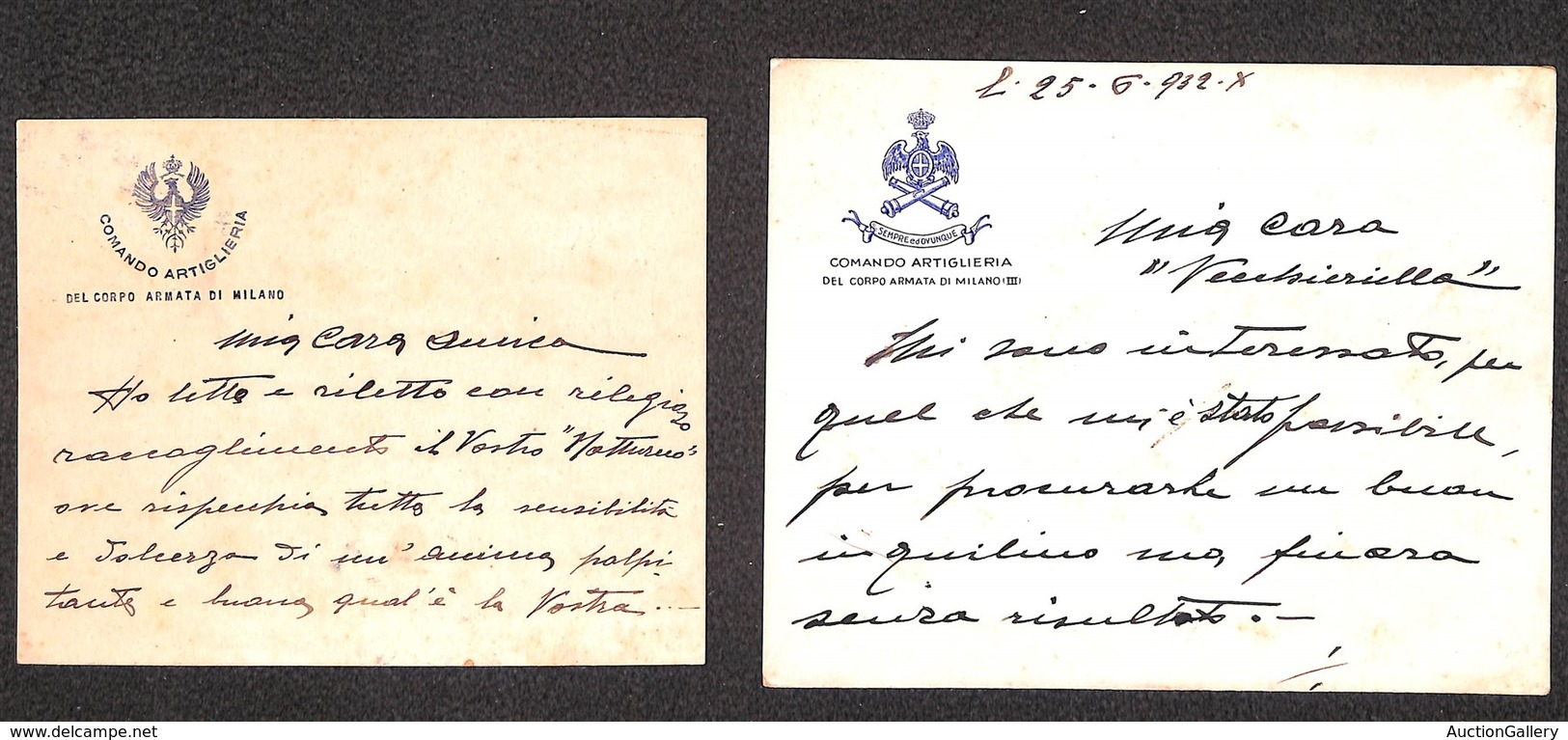 VARIE  - VARIE  - 1932 - Due Biglietti Del "Comando Artiglieria Del Corpo D'Armata Di Milano" - Vorphilatelie
