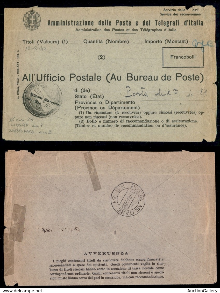 VARIE  - VARIE  - Muto A Data (19.8.40) Su Busta Di Servizio Per La P.M. 81 - Prephilately