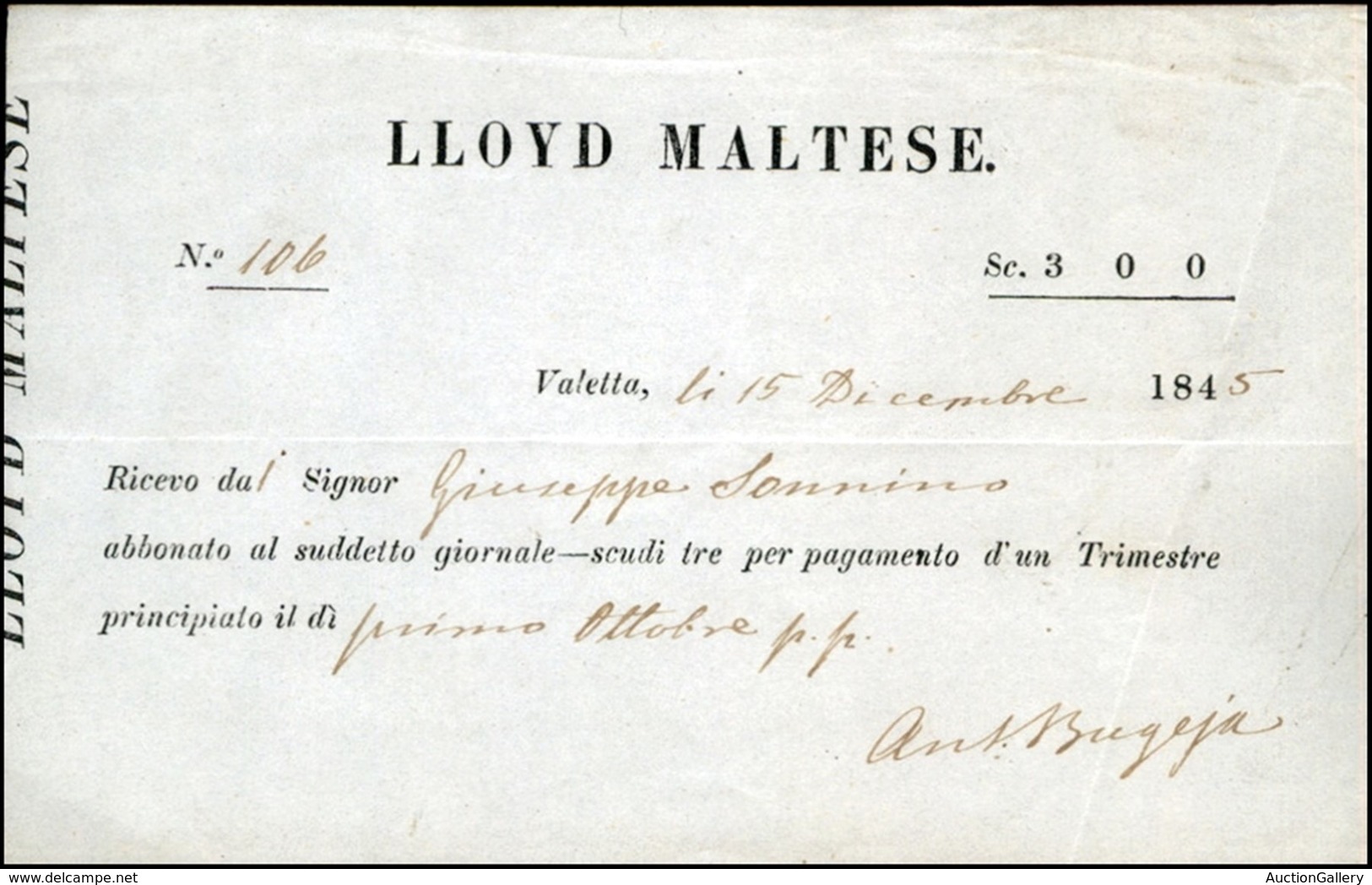 VARIE  - VARIE  - Lloyd Maltese - Ricevuta D'abbonamento - Valletta 15.12.45 - Préphilatélie