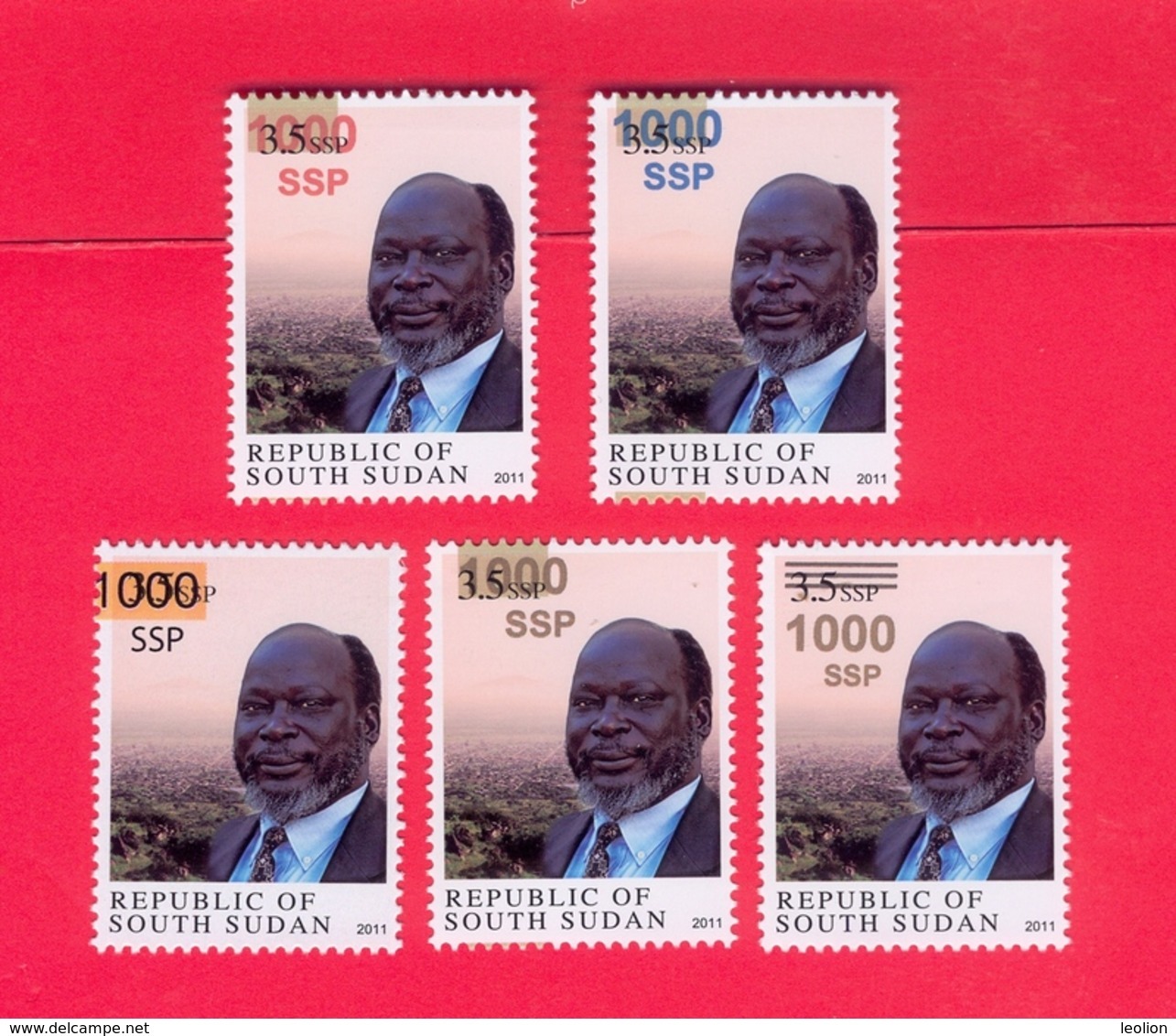 SOUTH SUDAN 5 Unadopted Proof Overprint Stamps On 3.5 SSP Dr John Garang Südsudan Soudan Du Sud - Sud-Soudan