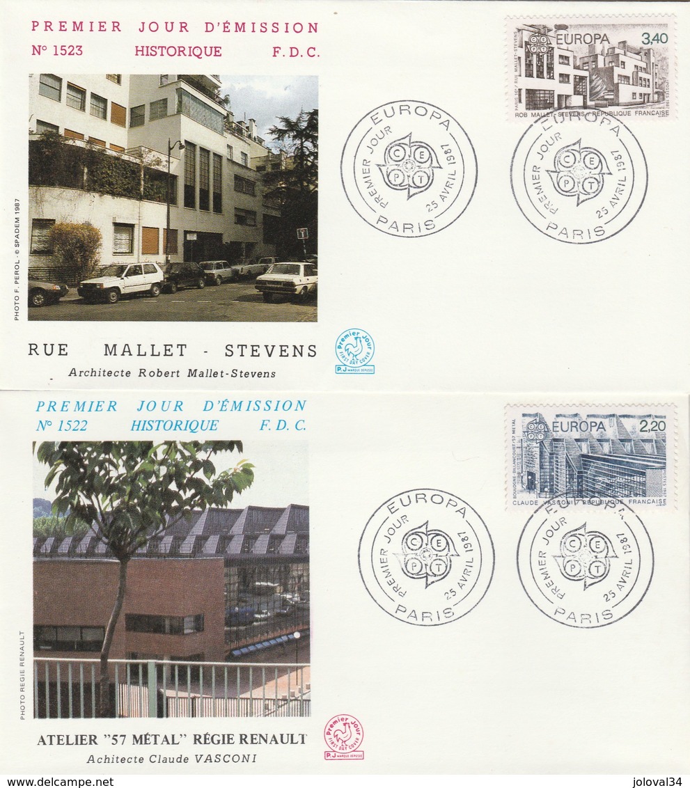 France EUROPA CEPT 2 Enveloppes FDC 1987 Paris -  Architecture - 1987
