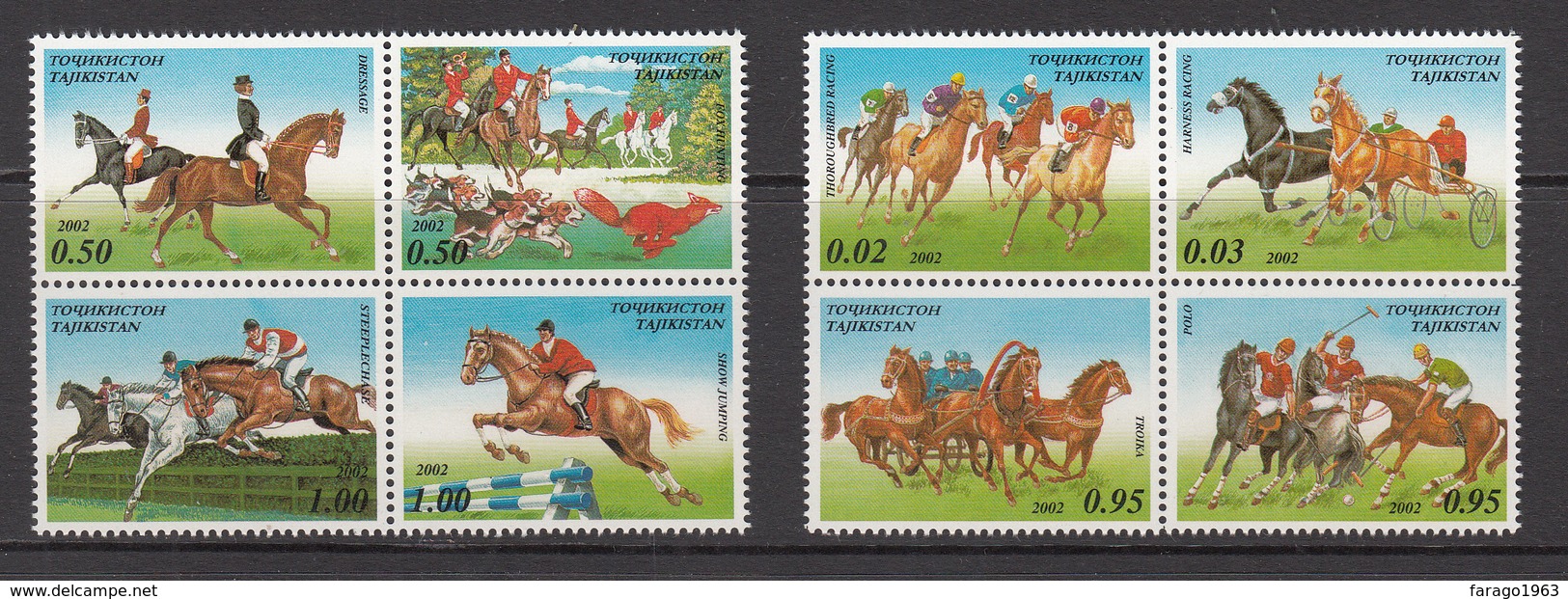 2002 Tajikistan Year Of The Horse Set Of 2  Blocks Of 4 MNH - Tayikistán