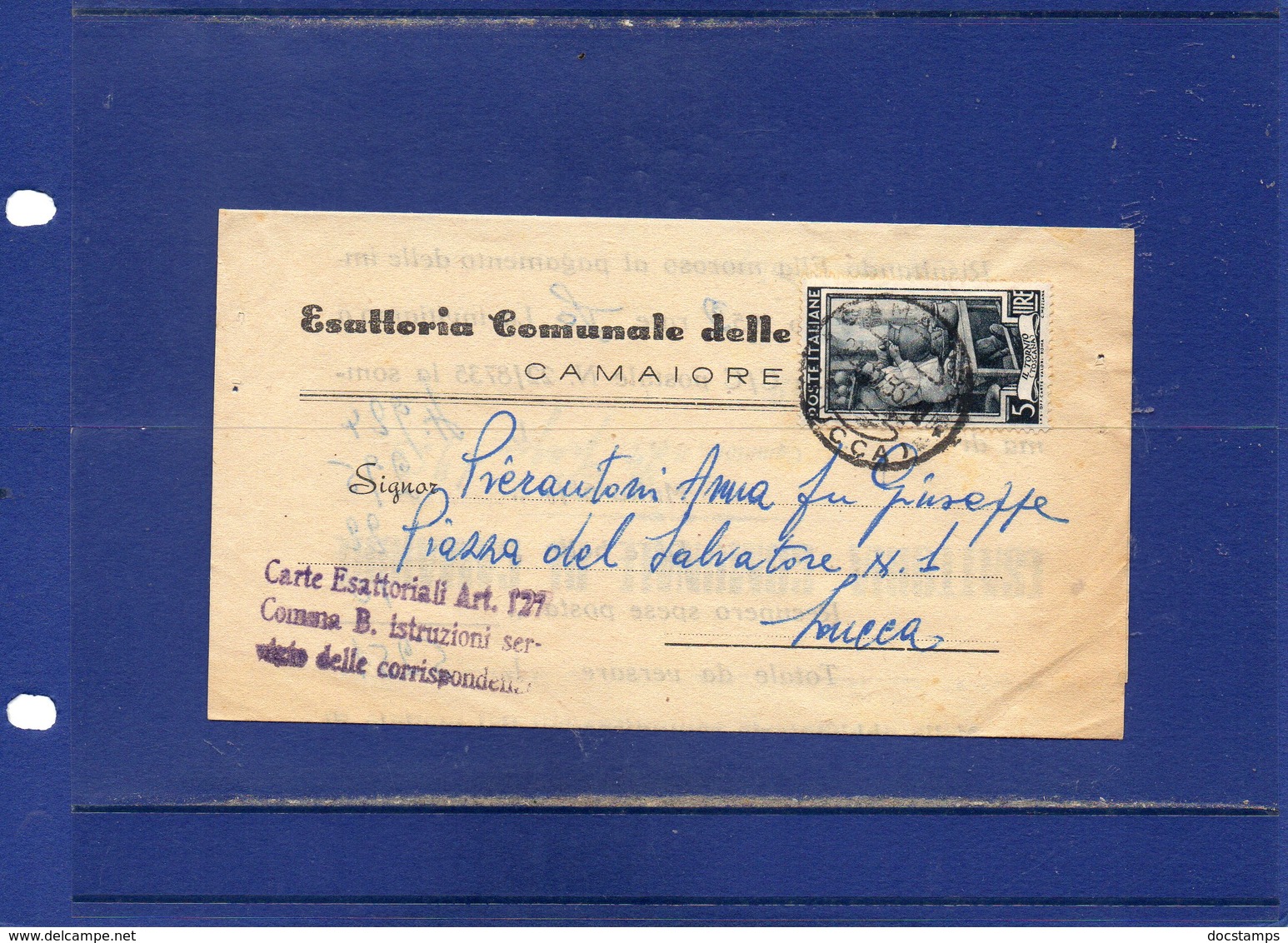 ##(DAN1810)-1953- Piego Esattoria Comunale Di Camaiore (Lucca) Per Lucca, Timbro Per Tariffa  Carte Esattoriali Art.127 - 1946-60: Marcophilia