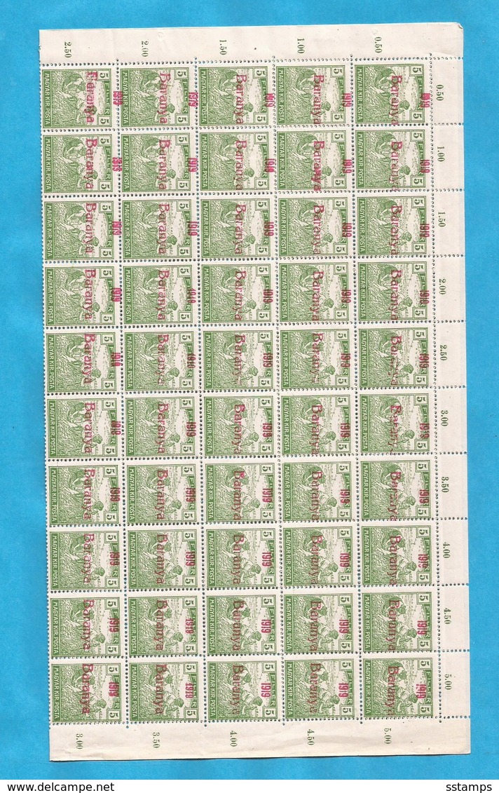 1919 BARANYA JUGOSLAVIA SERBIA UNGHERIA UNGARN OCCUPAZIONE BESETZUNG SHEET 100-STAMPS- THE STUDY OF OVERPRINT TYPS - Baranya