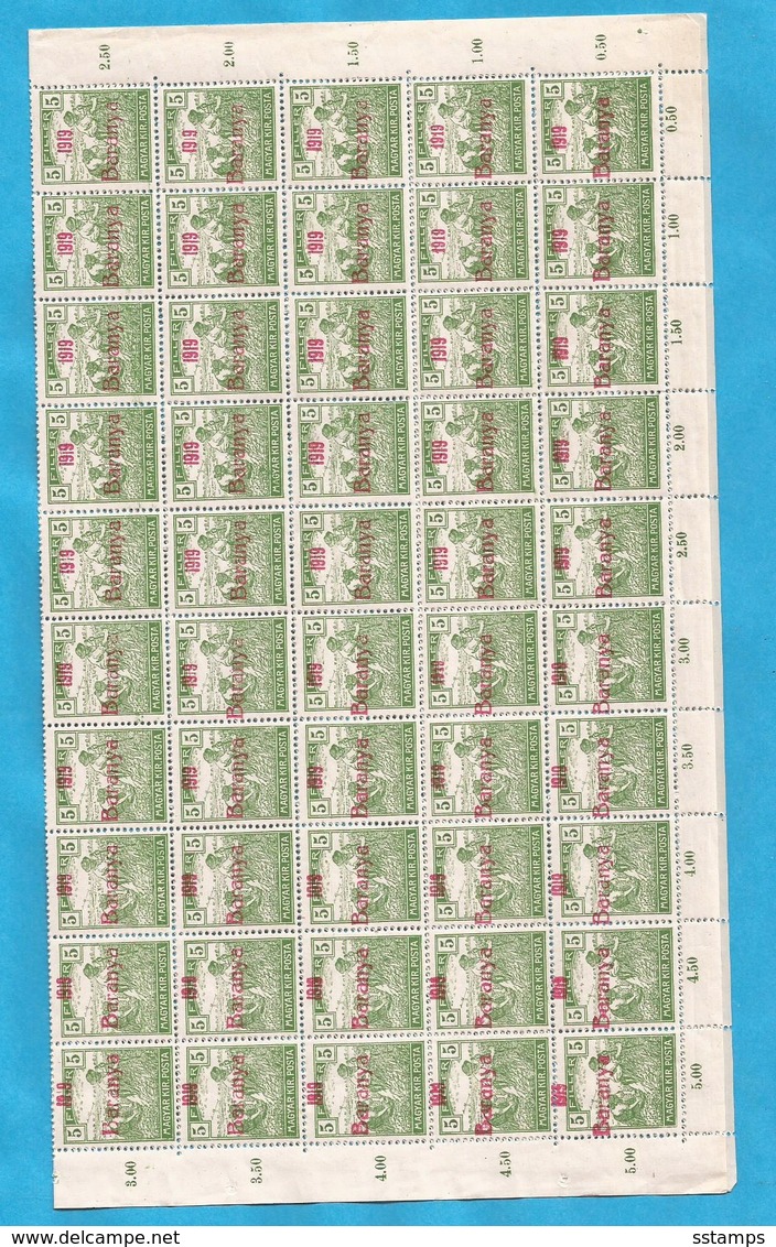 1919 BARANYA JUGOSLAVIA SERBIA UNGHERIA UNGARN OCCUPAZIONE BESETZUNG SHEET 100-STAMPS- THE STUDY OF OVERPRINT TYPS - Baranya