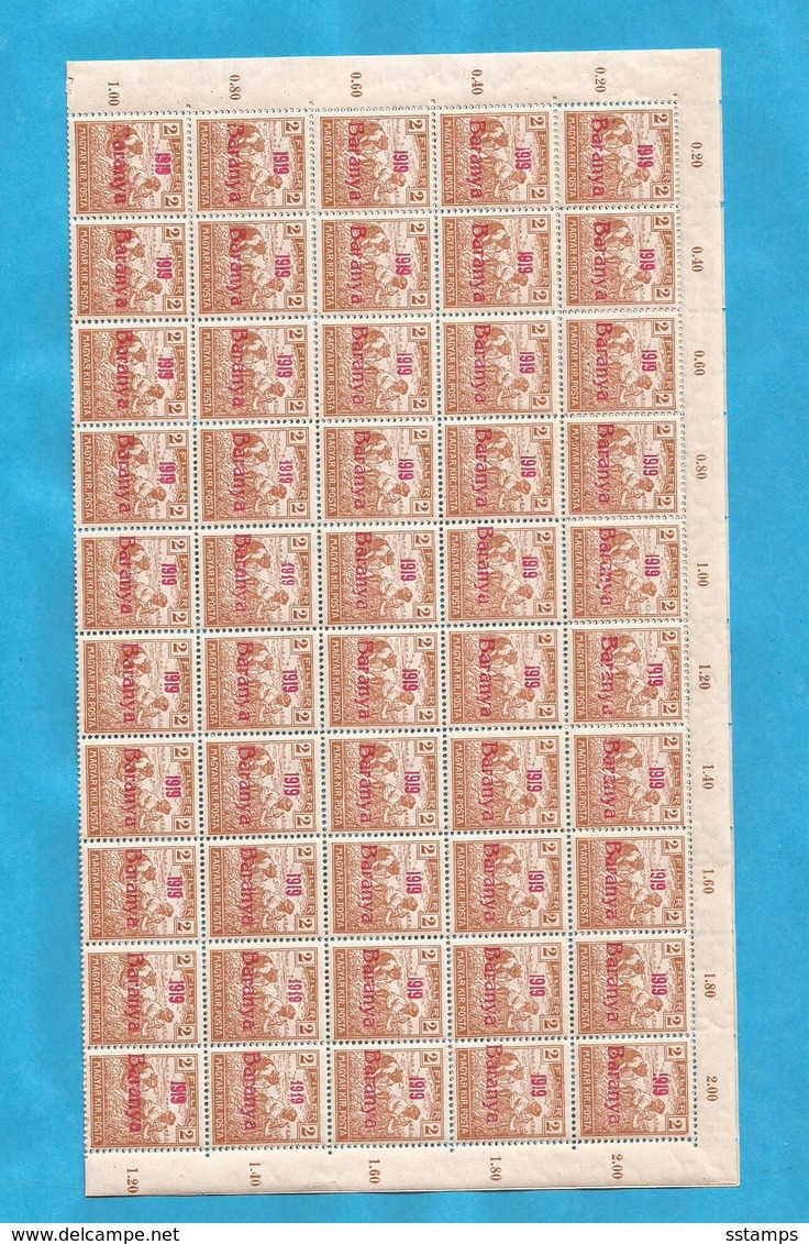 1919 BARANYA JUGOSLAVIA SERBIA UNGHERIA UNGARN OCCUPAZIONE BESETZUNG SHEET 100-STAMPS- THE STUDY OF OVERPRINT TYPS - Baranya