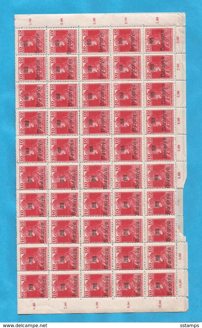 1919 BARANYA JUGOSLAVIA SERBIA UNGHERIA UNGARN OCCUPAZIONE BESETZUNG SHEET 100-STAMPS- THE STUDY OF OVERPRINT TYPS - Baranya