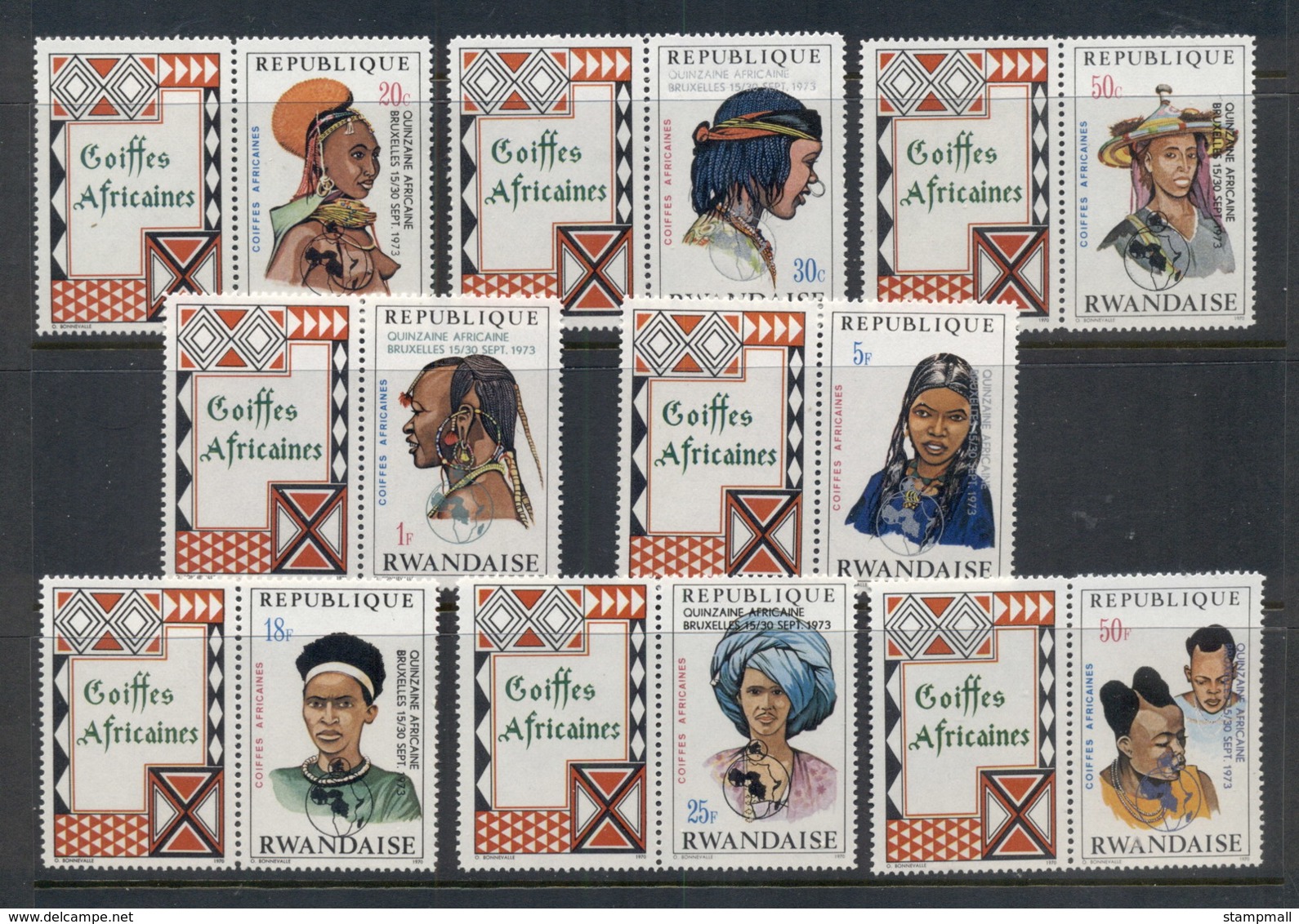 Rwanda 1973 Hairstyles, Opt Africa Week + Labels MUH - Unused Stamps