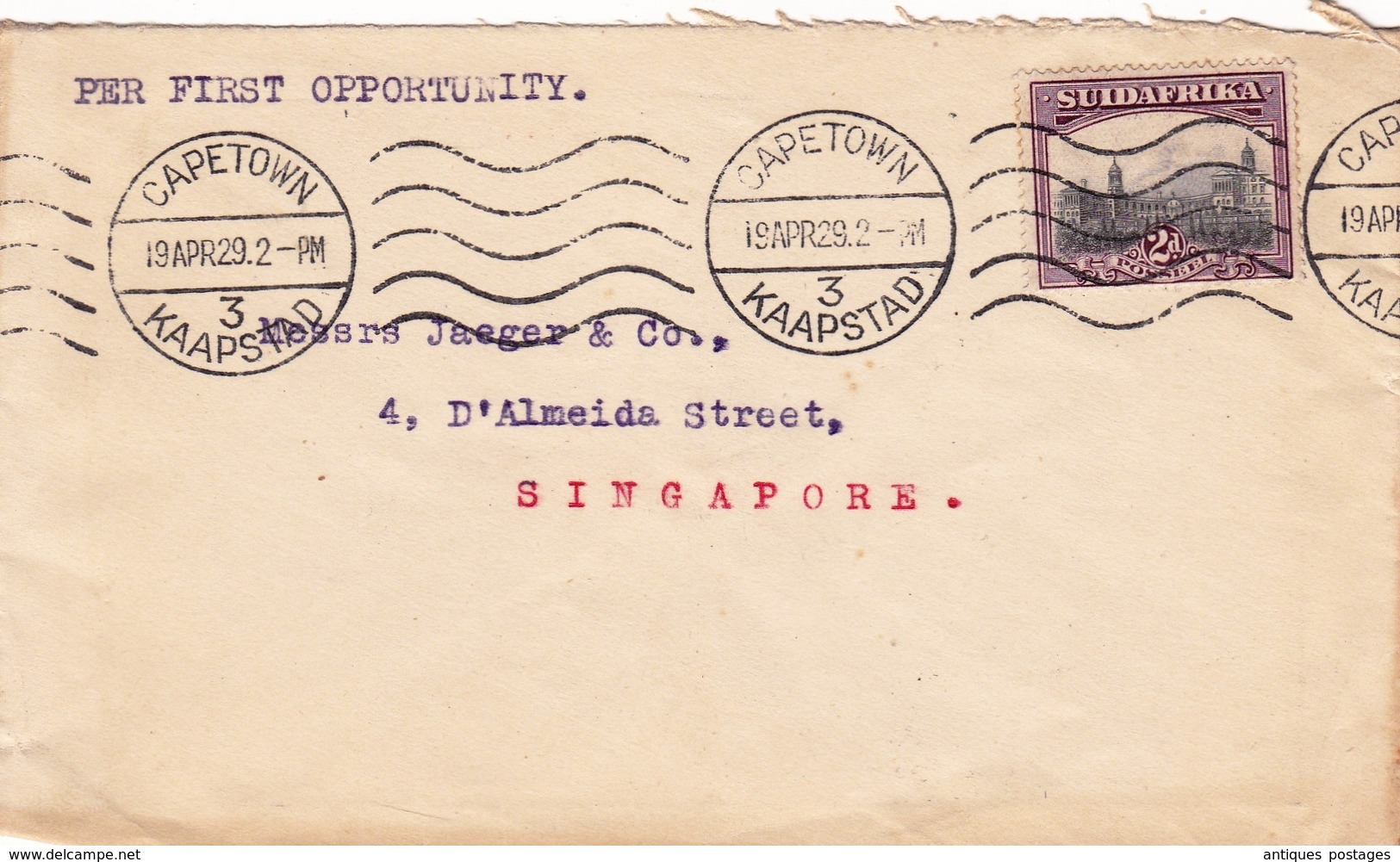 Lettre Capetown Kaapstad South Africa Afrique Du Sud 1929 Singapore Singapour - Brieven En Documenten