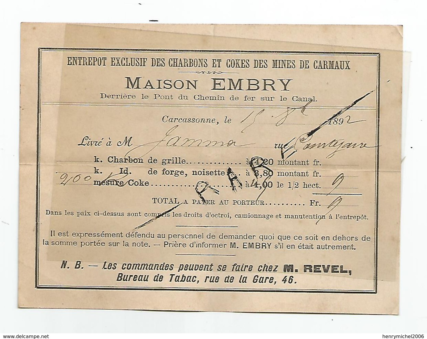 81 Tarn - Mines De Carmaux Charbons Et Cokes Carcassonne 1892 Maison Embry - 1800 – 1899