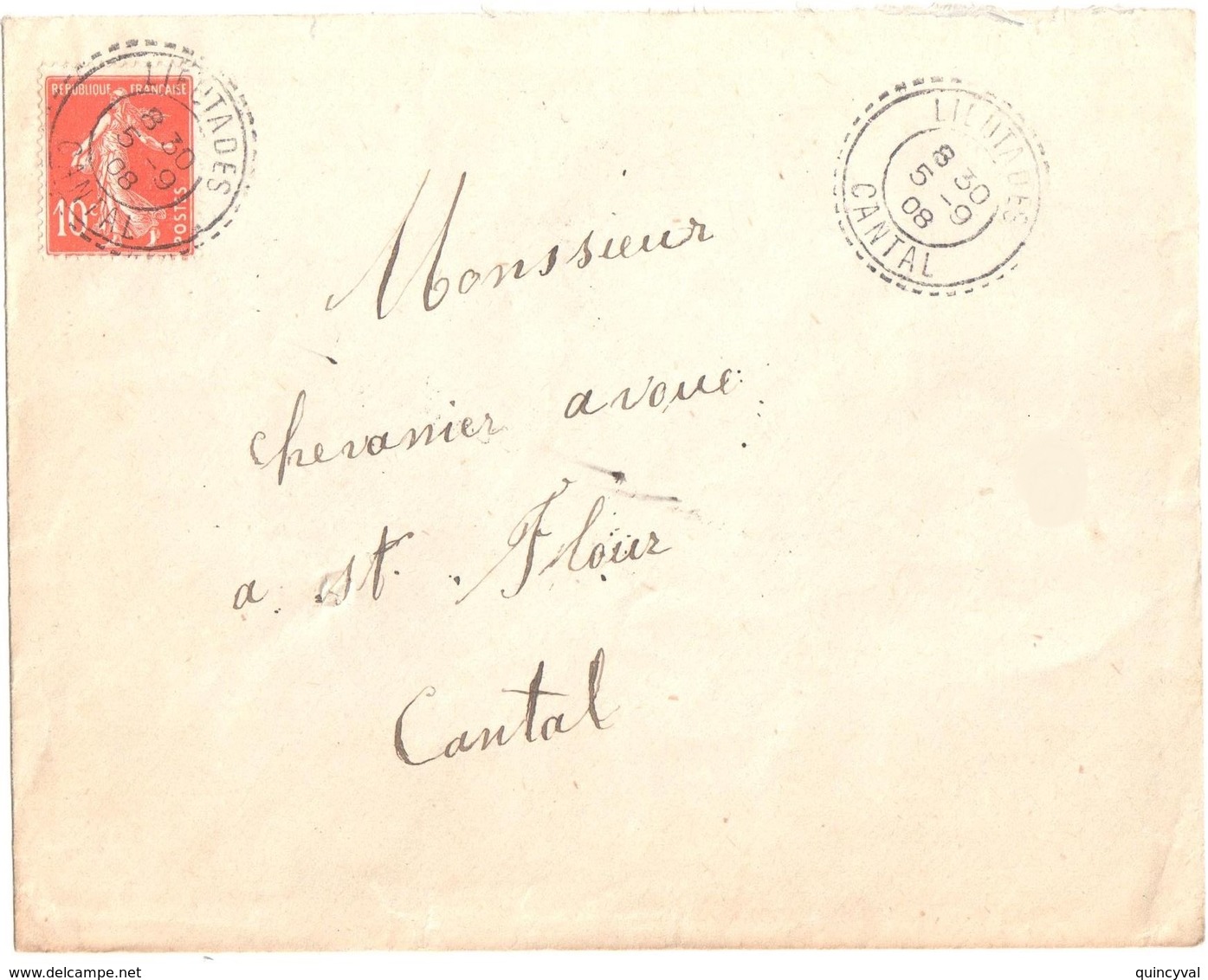 LIEUTADES Cantal Lettre Ob 5 9 1908 Ob Recette Distribution Type FB84 Lautier B3 10c Semeuse Yv 137 - Covers & Documents